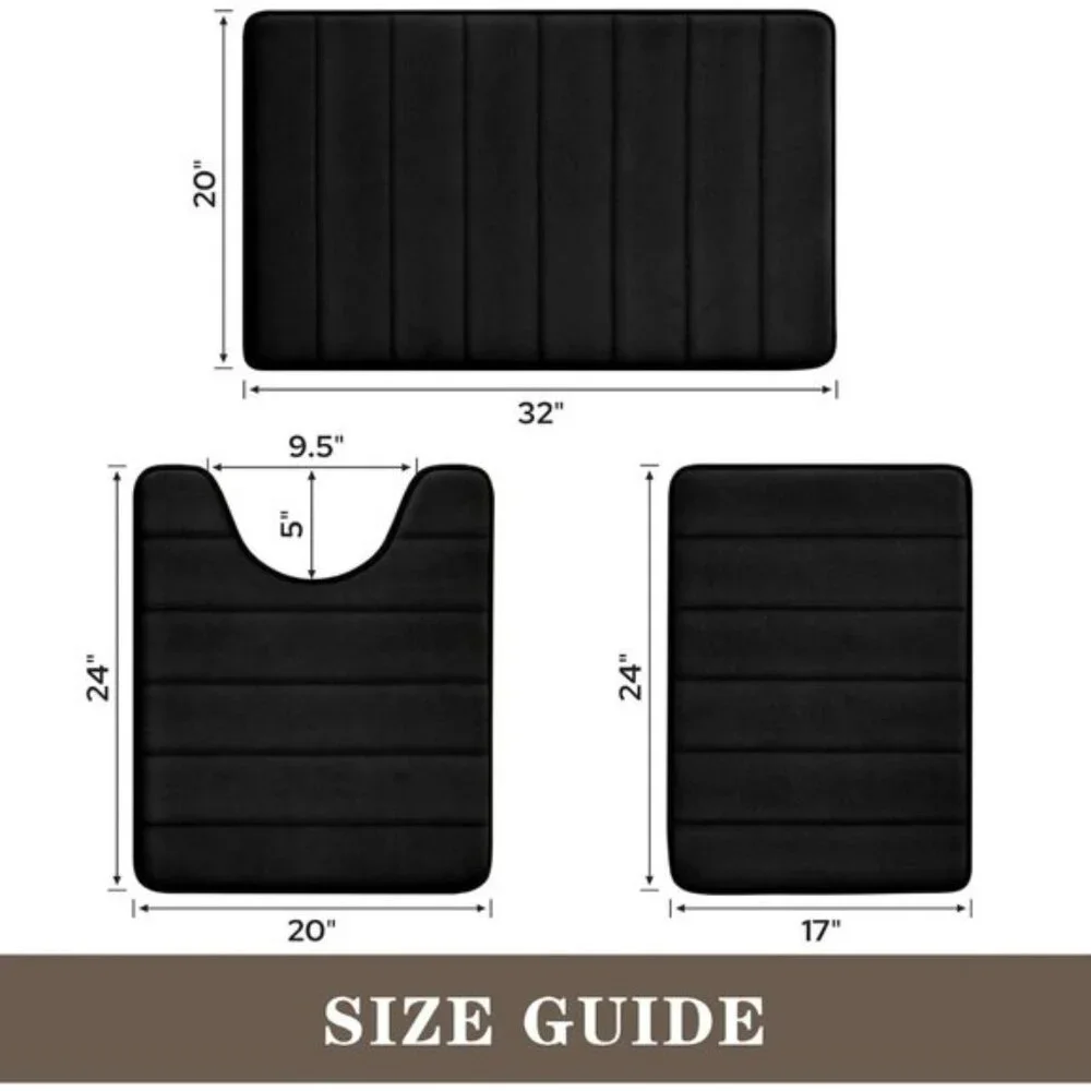 New 3-Piece Black Memory Foam Bath Rug Set, Non-Slip, Soft, Absorbent, Washable